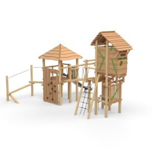 Leketårn "Combi- Knights Fortress" sammensatt med "Magic Tower" med tak.